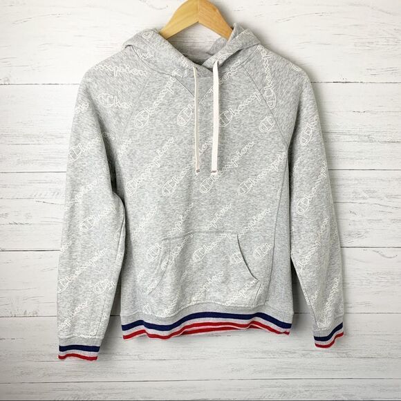 Champion logo hoodie light grey red navy stripe cuffs hem pullover ribbed XS - Picture 1 of 10